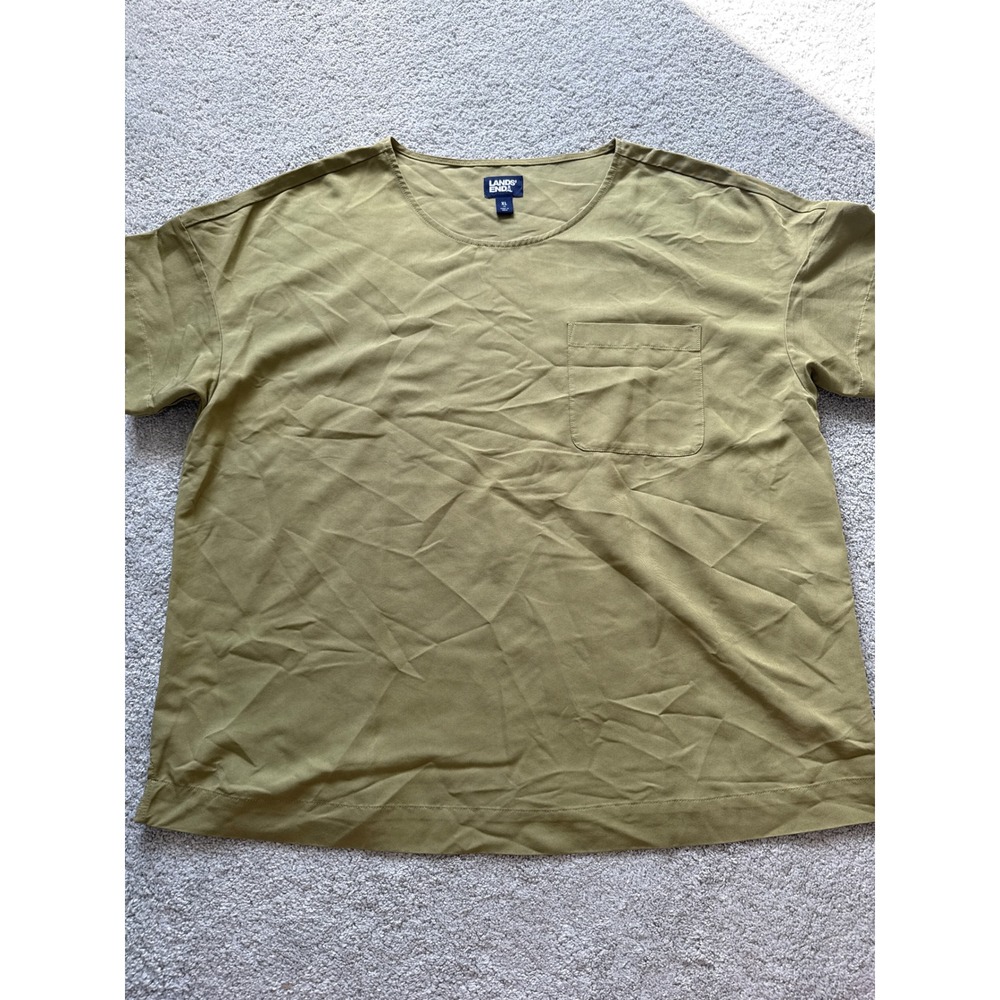 Lands' End Womens XL Olive Green Rayon Blend Pocket Short Sleeve Blouse Top